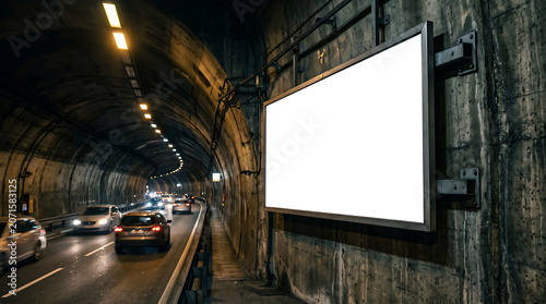 Blank horizontal billboard mockup on concrete tunnel wall with traffic