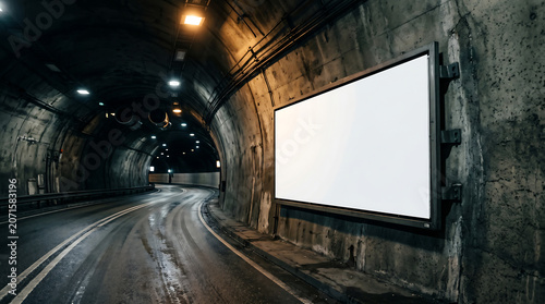 Blank billboard mockup in a dark curved concrete road tunnel