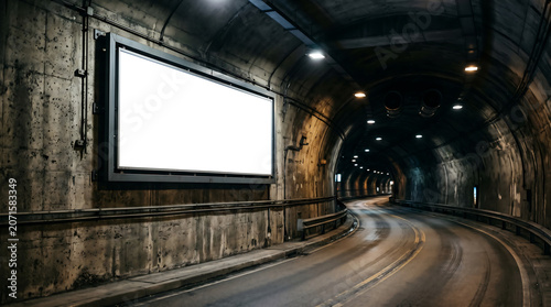 Large blank billboard mockup on concrete wall inside an urban tunnel