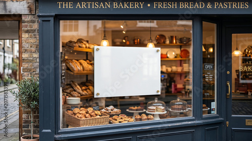 Artisan bakery storefront with fresh bread and blank mockup sign