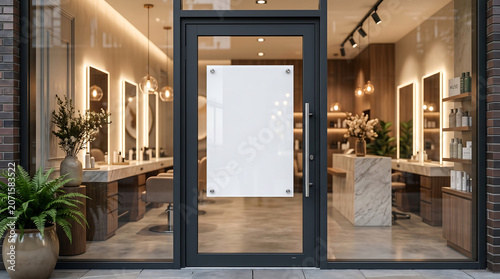 Modern Hair Salon Entrance with Blank Sign Mockup on Glass Door