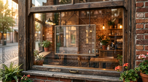Rustic Cafe Window with Hanging Blank Wooden Mockup Sign