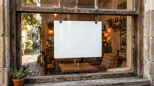 Blank white sign hanging in a rustic cafe window mockup