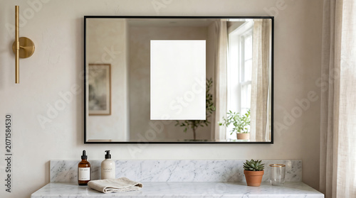 Modern Bathroom Vanity with Mirror Mockup and Marble Countertop