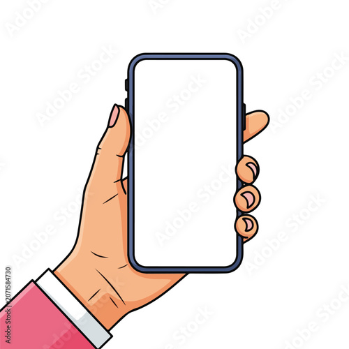 A hand holding a smartphone with a blank screen