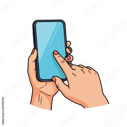A hand holding a smartphone with finger touching screen
