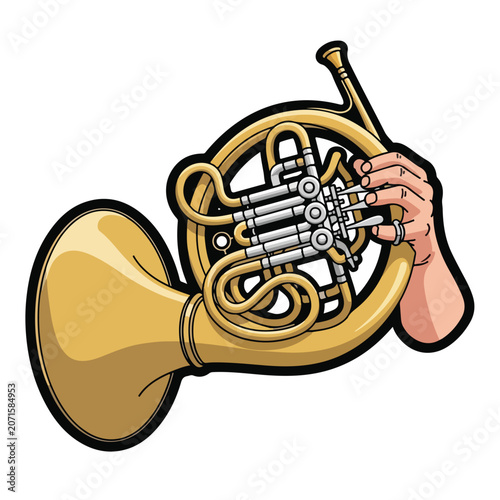 A hand holds a shiny french horn