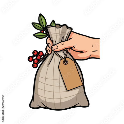 A hand holds a sack with a tag and holly