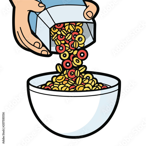 A hand pouring cereal into a bowl