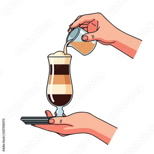 A hand pouring cream into a layered drink