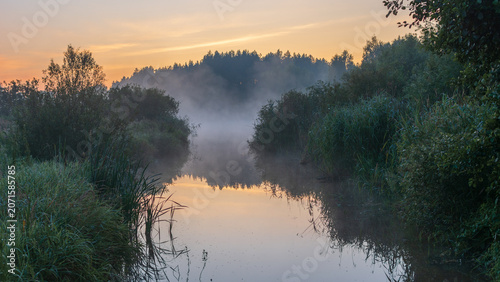 Tablou pe pânză A serene river flows through a lush green landscape under a golden sunrise, with
