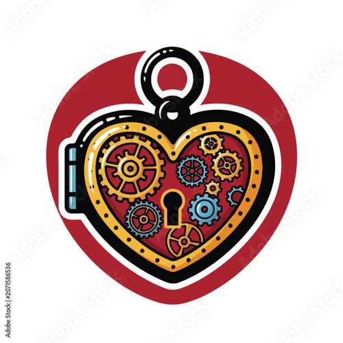 A heart-shaped locket with colorful gears and a keyhole