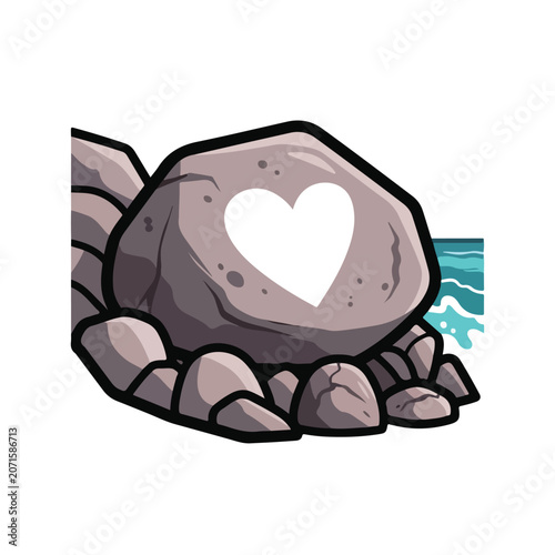 A heart-shaped marked rock on a rocky beach