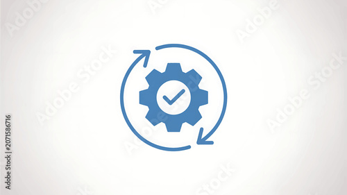 A minimalist icon design features a gear with a checkmark in blue and white