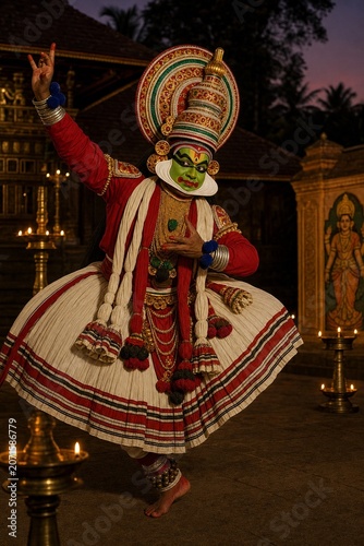 Kathakali dancer in dynamic pose illuminated by oil lamps at temple courtyard.