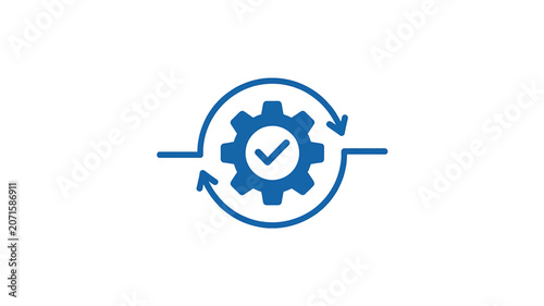 A minimalist icon design featuring a gear with a checkmark in blue and white colors symbolizes industry and technology.