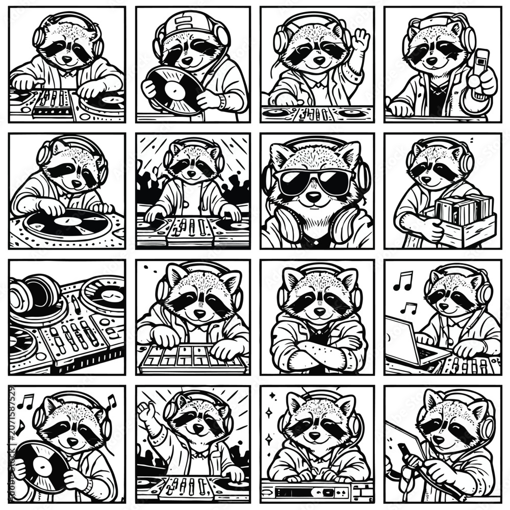 Fototapeta premium DJ Raccoon wearing headphones and DJing at a party music festival at the beach with a giant speaker and turntable 
