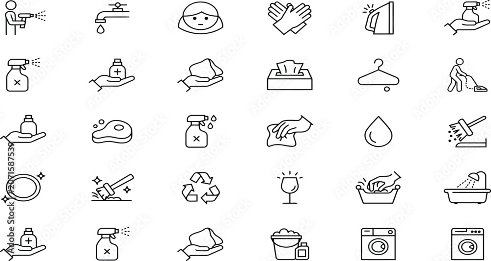 Fototapeta premium Set of cleaning and hygiene line icons for household chores and professional sanitation tasks