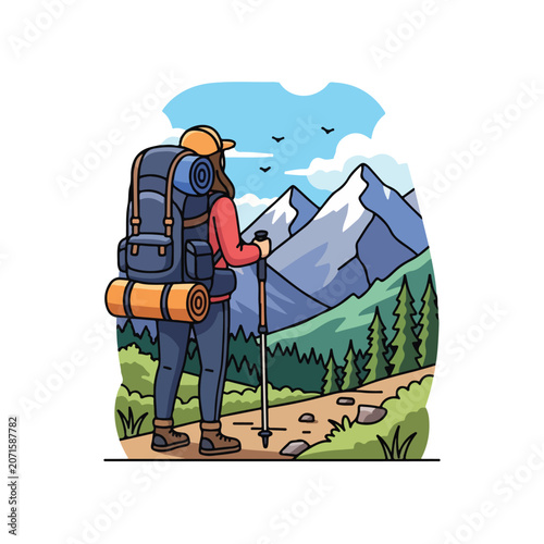 A hiker with a backpack stands on a trail