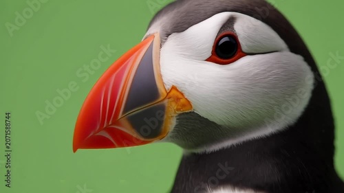 Close up portrait of colorful puffin bird with orange beak against green background