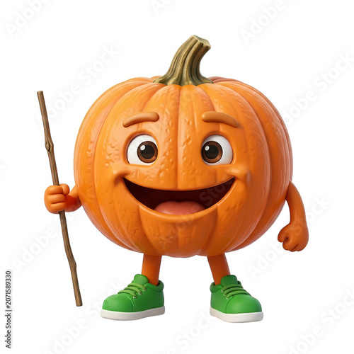 Happy Pumpkin Character Holding Walking Stick