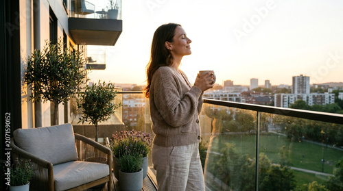 Woman enjoying coffee on city balcony at sunrise with morning