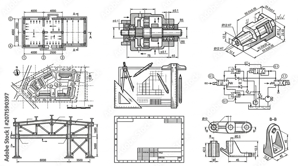 Obraz premium Architectural blueprints and technical drawings collage.