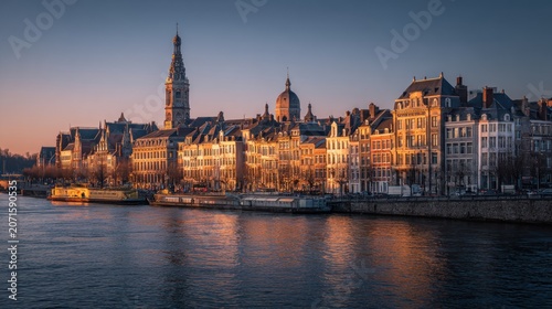 Riverfront European city skyline at sunrise, buildings reflecting in water