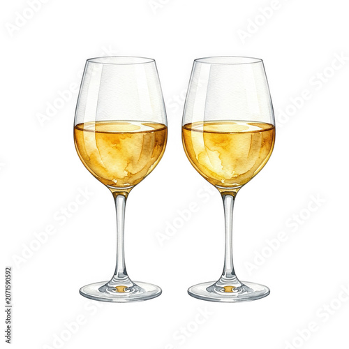 Two Wine Glasses Filled with White Wine Transparent Background