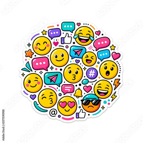 Vibrant emoji stickers and communication symbols for social media messaging and creative expression concept