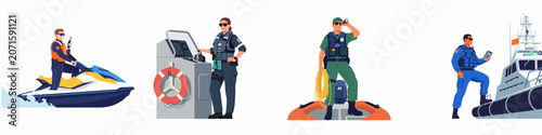 Foto Flat vector illustrations of Coast Guard personnel and maritime security officers operating patrol boats, jet skis, and specialized sea vessels for marine safety