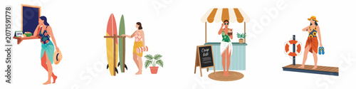 Fotografía Set of diverse women enjoying summer beach activities, including surfing, visiting beach bars, and relaxing in stylish swimwear and sarongs