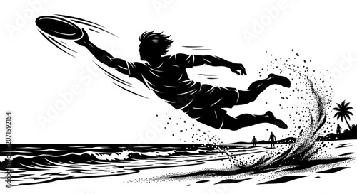 Dynamic beach scene, man jumping catching frisbee, black silhouette illustration, sporty vector graphic