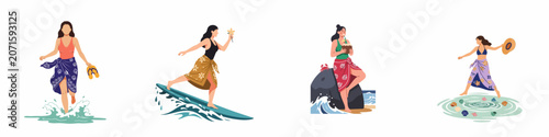 Schilderij op canvas Set of illustrations of women enjoying tropical beach activities including surfing, drinking coconut, and walking in the ocean wearing colorful sarongs