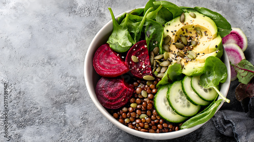 Lentil Salad Bowl With Avocado, Beetroot, Cucumber and Spinach