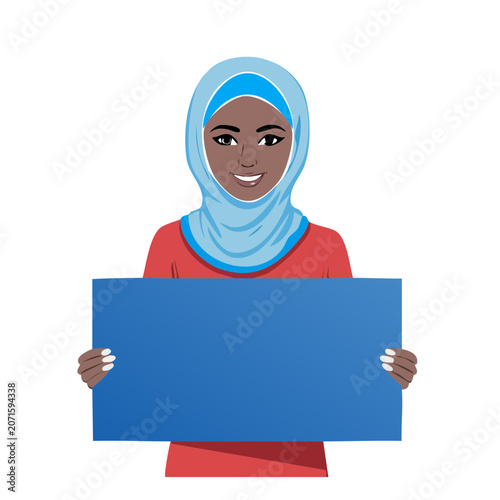 Smiling woman in hijab holding blue sign, flat vector illustration