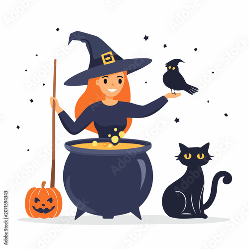 Witch with black cat, raven, cauldron and pumpkin