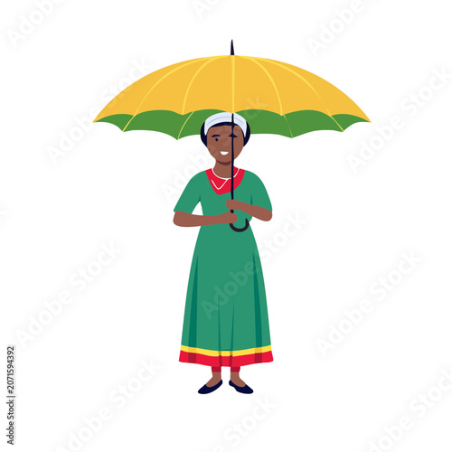 Woman holding yellow umbrella in green dress illustration