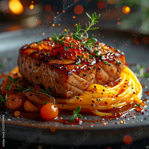 A savory dish featuring a grilled meat atop yellow noodles and vegetables