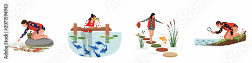 Εκτύπωση καμβά Vector Illustration Set of Women Exploring Aquatic Life in Lakes and Rivers