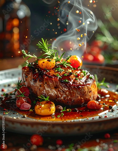 A savory dish of grilled steak with herbs and spices on a plate