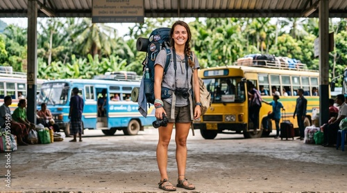 Young female backpacker standing at a rural bus station holding a camera with a large travel backpack ready for an adventure in a tropical country