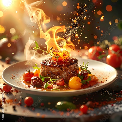 A savory dish on fire with tomatoes and herbs