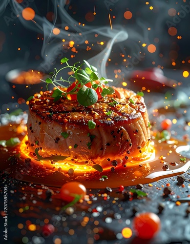 A savory dish with a seared crust and steaming garnish