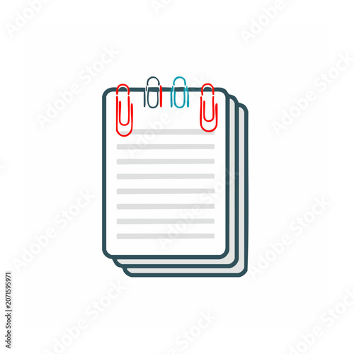 Flat icon of notepad with colorful paper clips