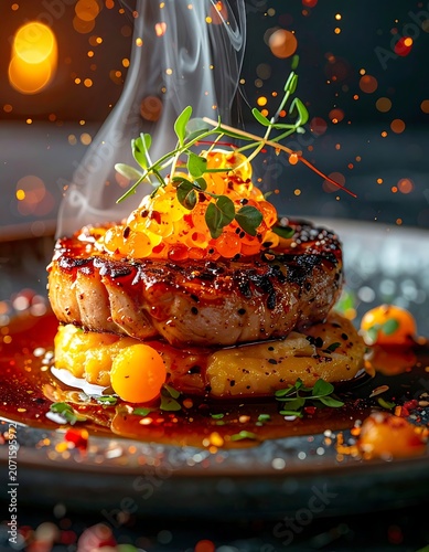 A savory dish with a toasted patty on a bed of polenta