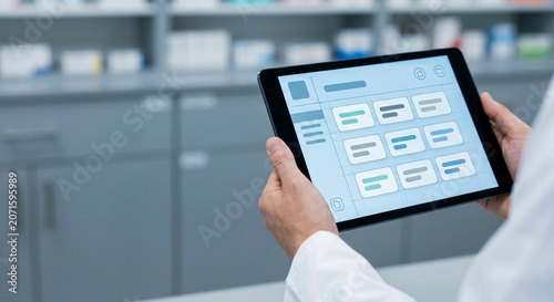 Pharmacist holding digital tablet with medical dashboard in pharmacy