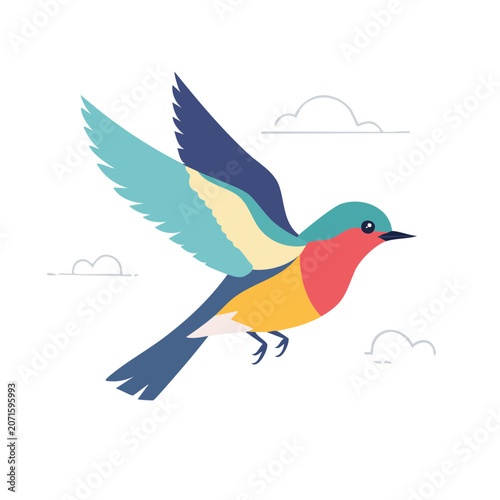 Flat illustration of a colorful bird in flight