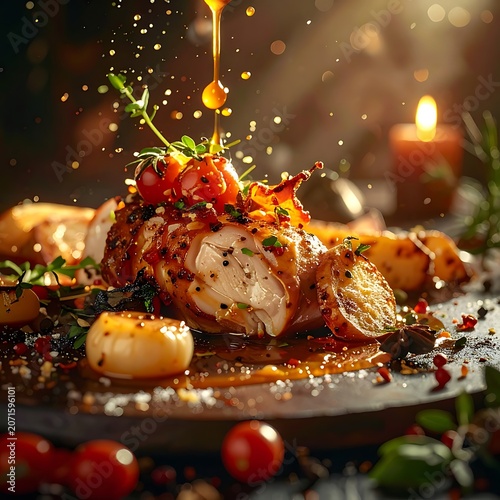 A savory dish with roasted meat and vegetables