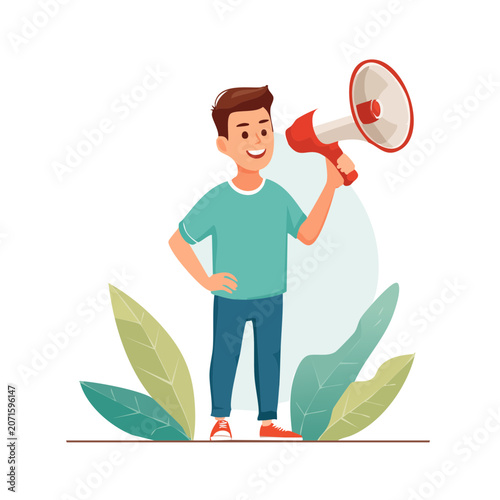 Man holding megaphone flat vector illustration
